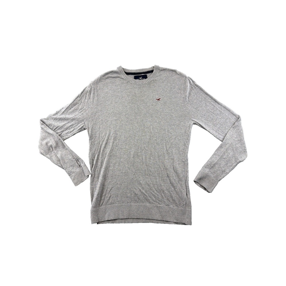 Hollister Sweater Mens Medium Gray Knitted Crew Neck Embroidered Pullover